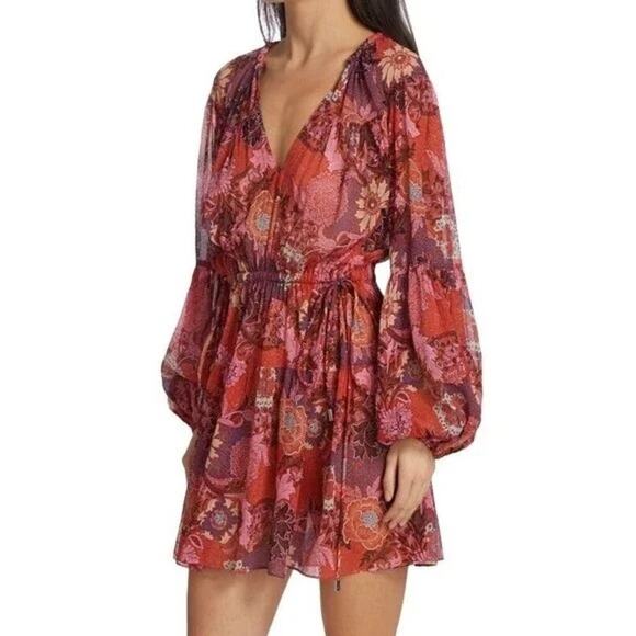 A.L.C. Elise Long Sleeve Silk Mini Dress Pink Russet Multicolor Boho Size 2 $550 - Picture 1 of 11